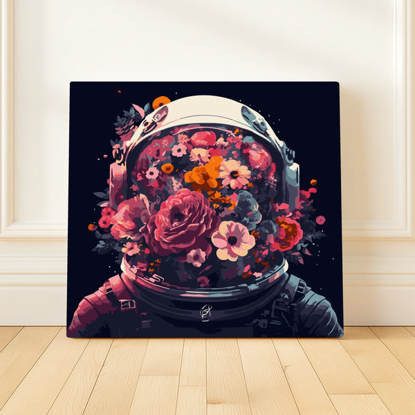 Flowernaut paint by numbers finished canvas leaning against a white panelled wall