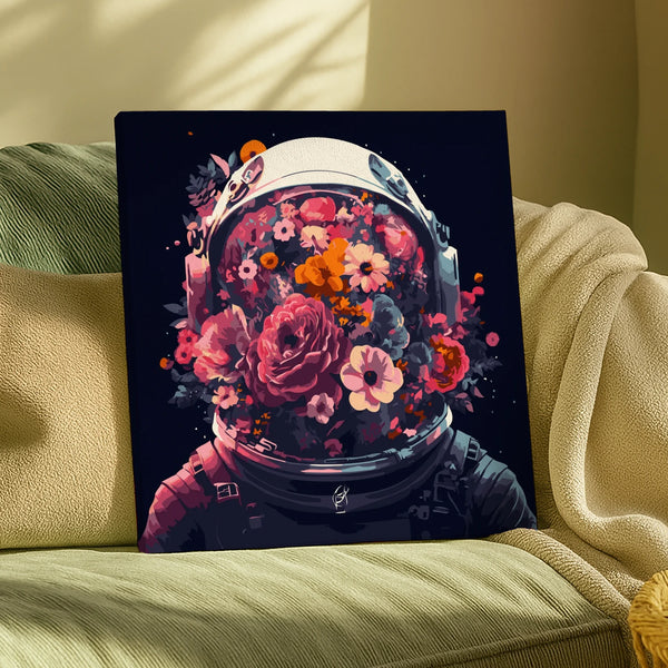 Flowernaut paint by numbers finished canvas resting on a green sofa