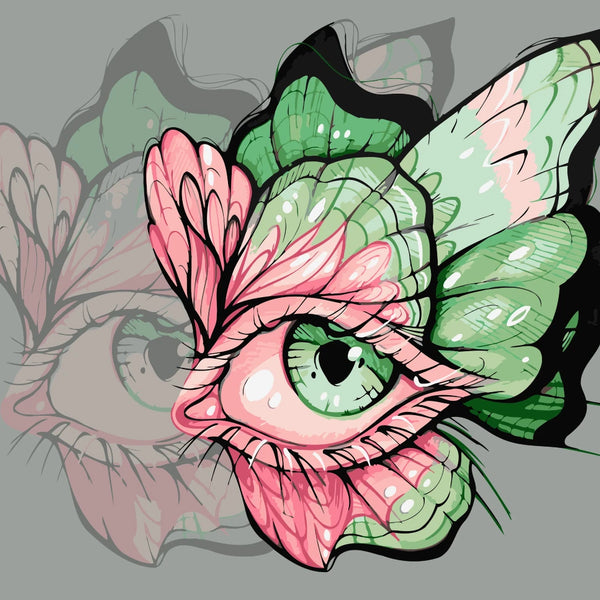 Butterfly wing with a green eye in the center, painted in pink and mint tones on a soft gray background. Surreal fantasy artwork by Kalinina.