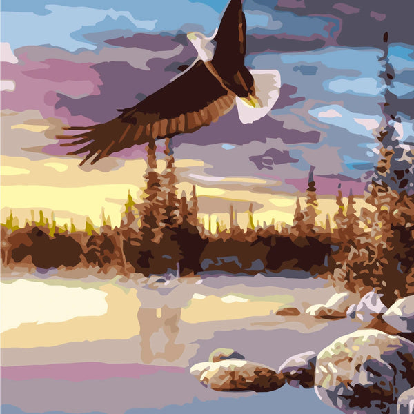 Majestic bald eagle soaring over serene lake at sunset