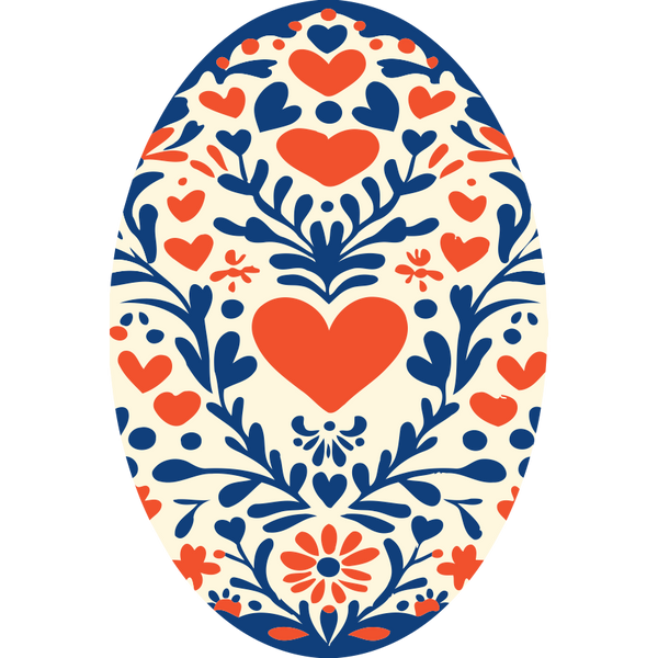 Folk Egg paint by numbers kit featuring red hearts and blue florals in a traditional symmetrical layout.