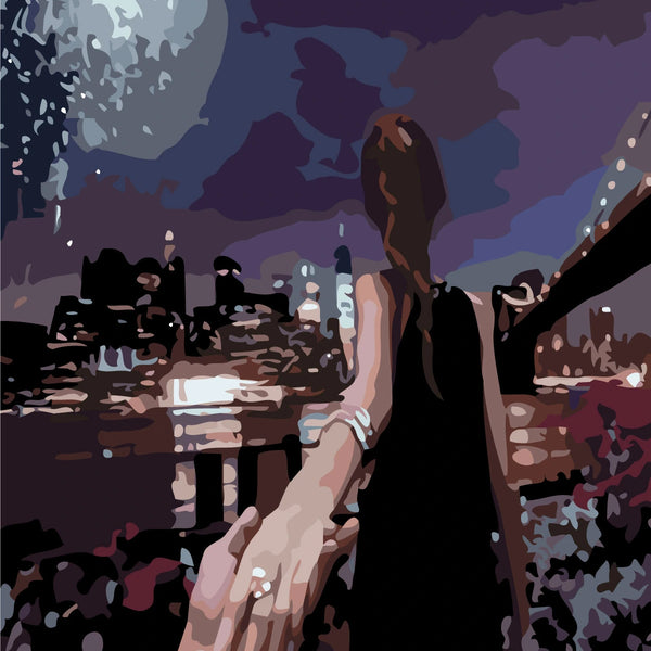 Romantic digital painting of a couple holding hands at night