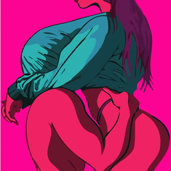 Bold pop art painting of a sensual embrace in vibrant colors.