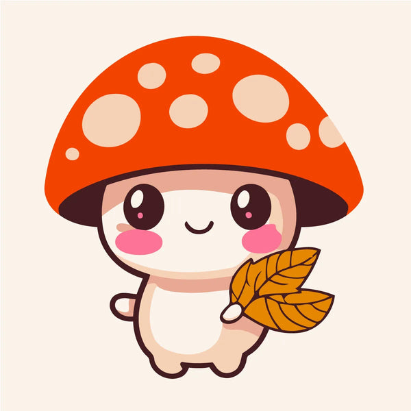 Cute cartoon mushroom character holding autumn leaves cheerful and adorable