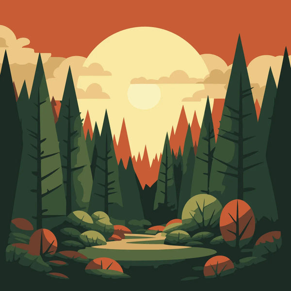 Serene forest landscape with tall trees and a glowing sunset