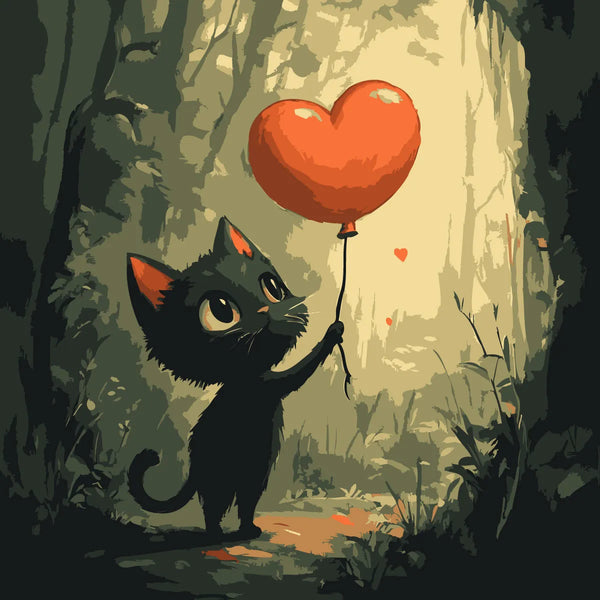 Adorable black cat holding a heart-shaped balloon in forest