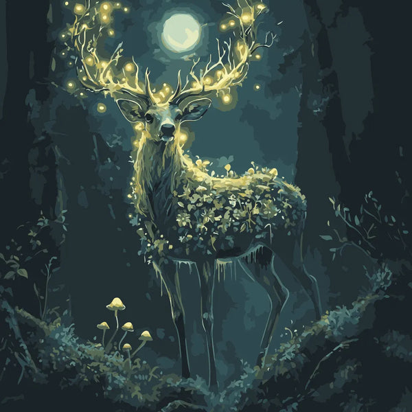 Majestic stag with glowing antlers in a moonlit forest, featured in the Forest Light paint by numbers kit.