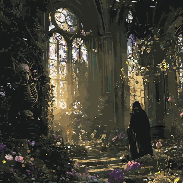 Abandoned chapel with stained glass windows, overgrown vines, and a dark cloaked figure, featured in the Forgotten Chapel paint by numbers kit.