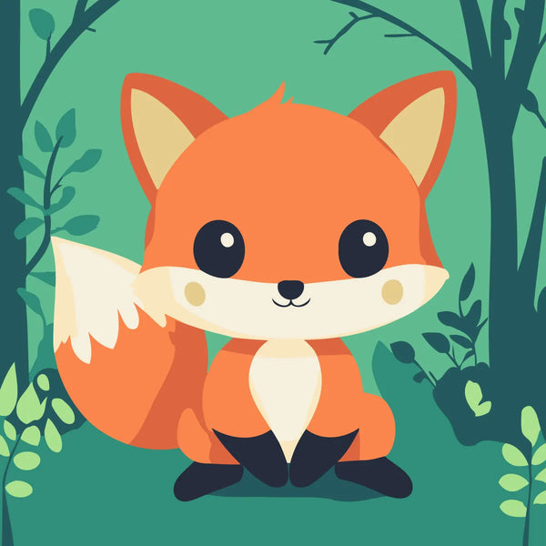 Cute cartoon fox sitting in a green forest with plants