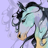 Stylized portrait of a flowing-maned horse in pastel and dark tones, designed by Kalinina, featured in the Free Spirit paint by numbers kit.
