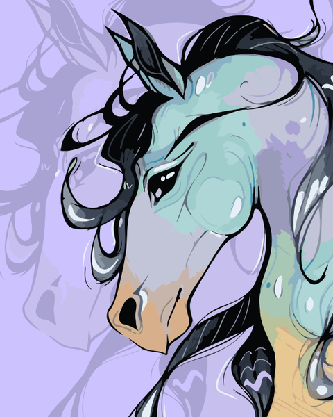 Stylized portrait of a flowing-maned horse in pastel and dark tones, designed by Kalinina, featured in the Free Spirit paint by numbers kit.