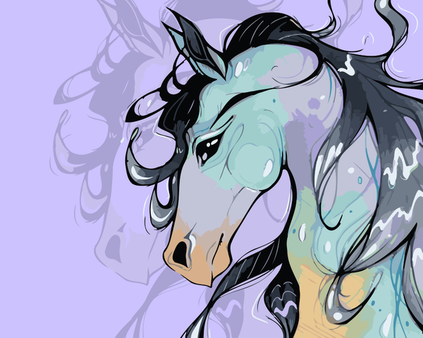 Stylized portrait of a flowing-maned horse in pastel and dark tones, designed by Kalinina, featured in the Free Spirit paint by numbers kit.