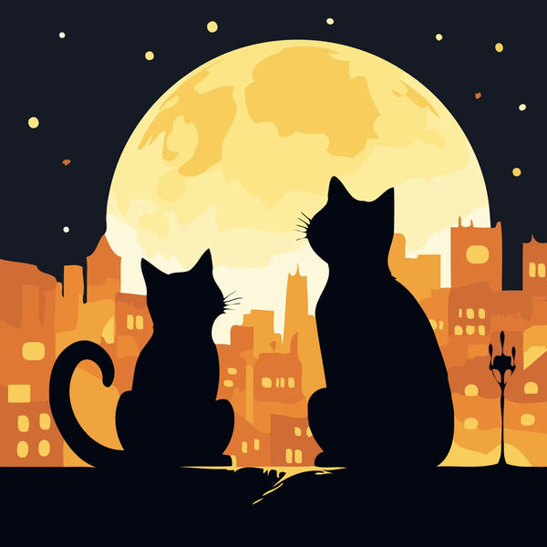 Silhouettes of two cats watching the full moon over city