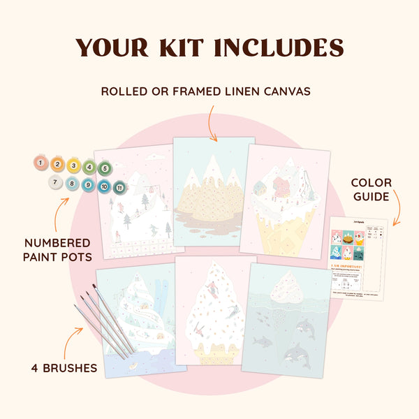 Artspark Frost Cone paint by numbers kit with brushes, numbered paints, and color guide — dreamy pastel mountain and ice cream themed winter art project.
