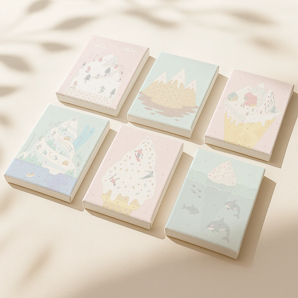 Frost Cone paint by numbers set of 6 mini canvases by Artspark featuring whimsical pastel winter scenes blending snowy mountains and ice cream cones.