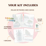 Artspark Frost Road paint by numbers kit including brushes, paints, and color guide — winter car-themed art project with scenic snowy landscapes and classic sports cars.