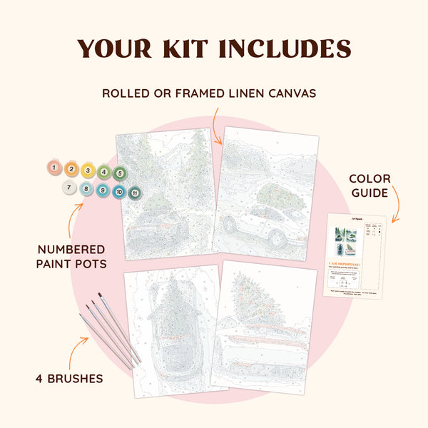Artspark Frost Road paint by numbers kit including brushes, paints, and color guide — winter car-themed art project with scenic snowy landscapes and classic sports cars.