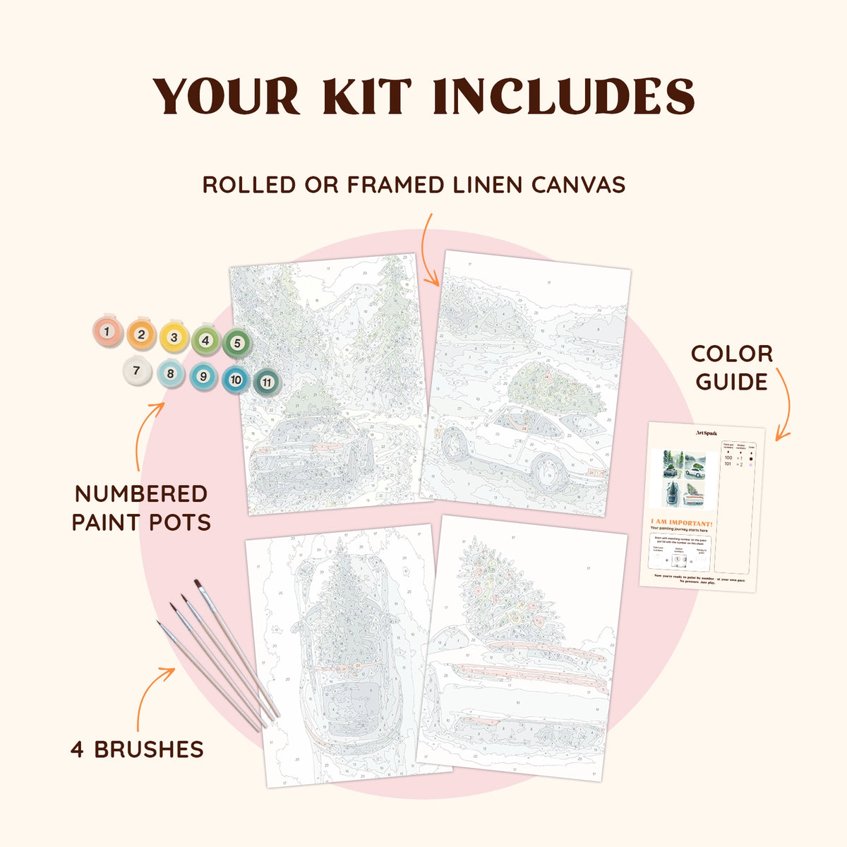 Artspark Frost Road paint by numbers kit including brushes, paints, and color guide — winter car-themed art project with scenic snowy landscapes and classic sports cars.