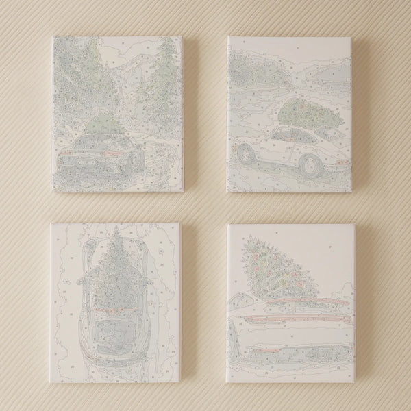Frost Road paint by numbers set of 4 mini canvases by Artspark featuring classic sports cars driving through snowy winter landscapes — relaxing DIY art for car lovers.