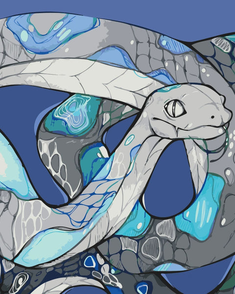Coiled serpent in icy blue, gray, and teal tones against a blue background. Stylized cold-blooded snake artwork by Kalinina for the Frostbite paint by numbers kit.
