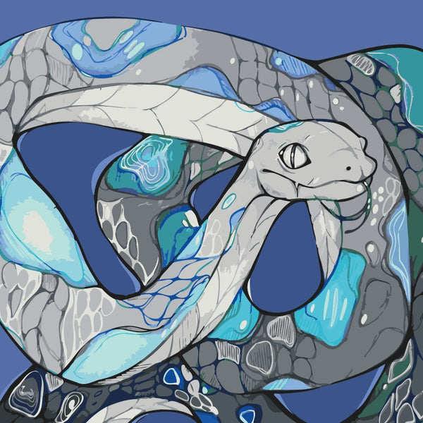 Coiled serpent in icy blue, gray, and teal tones against a blue background. Stylized cold-blooded snake artwork by Kalinina for the Frostbite paint by numbers kit.