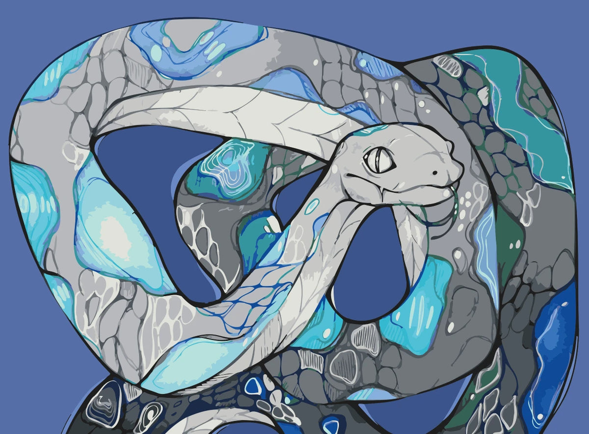 Coiled serpent in icy blue, gray, and teal tones against a blue background. Stylized cold-blooded snake artwork by Kalinina for the Frostbite paint by numbers kit.
