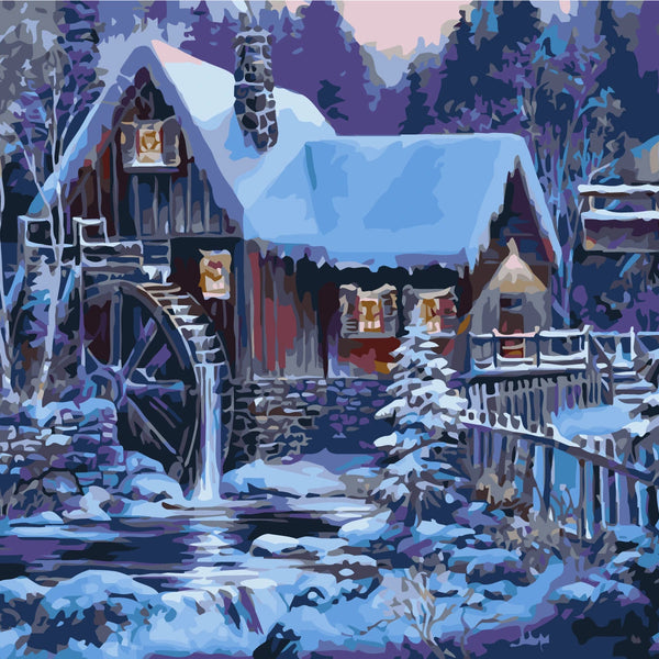 Snow-covered watermill cabin in a winter forest landscape scene