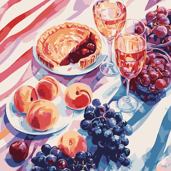 Vibrant picnic scene with wine glasses fruit and cherry pie