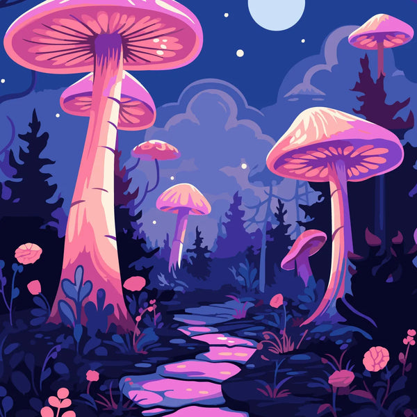 Fantasy forest with glowing pink mushrooms under a moonlit sky
