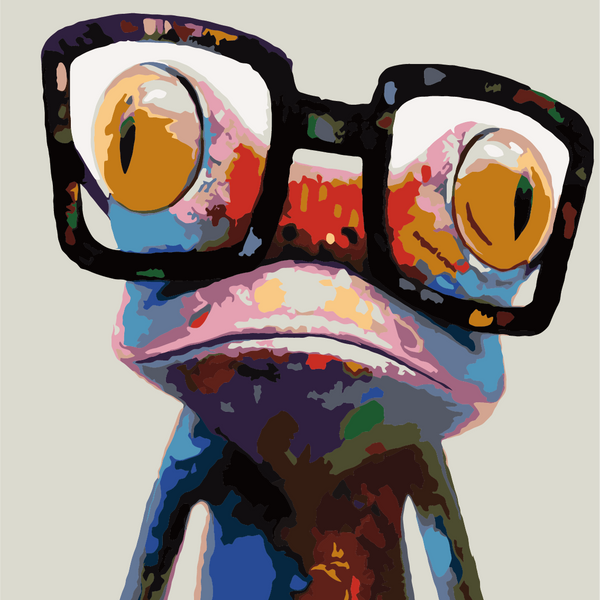 Colorful abstract painting of a frog wearing oversized black glasses