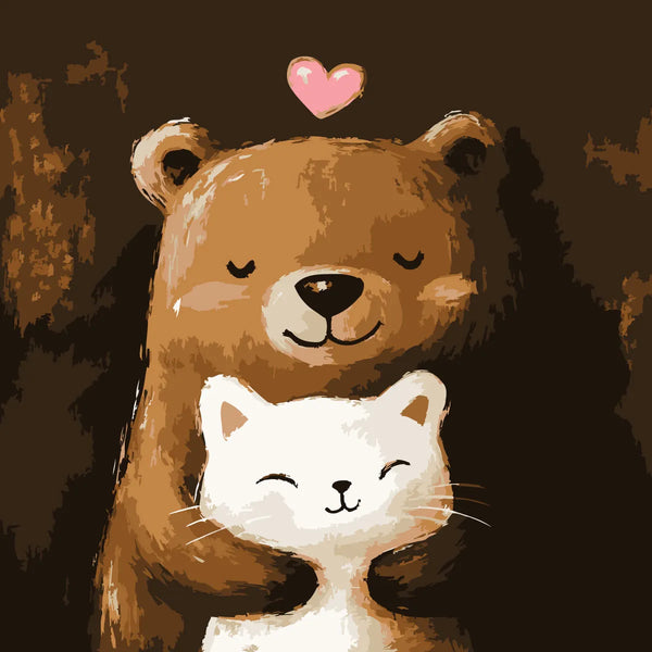 Cute digital painting of a bear hugging a smiling cat