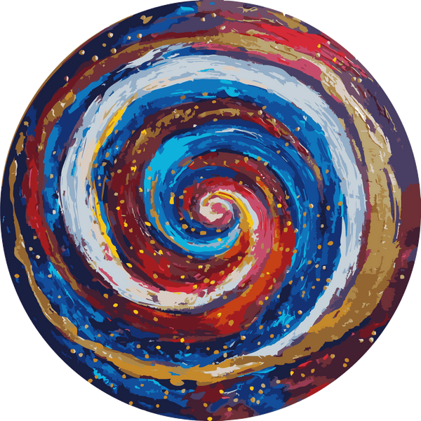 Abstract circular painting of a colorful swirling galaxy pattern