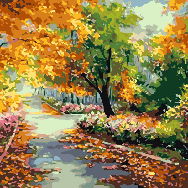 Vibrant autumn landscape painting with colorful trees and fallen leaves