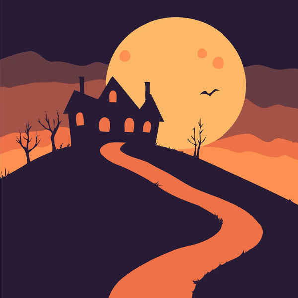 Spooky haunted house on a hill with full moon background