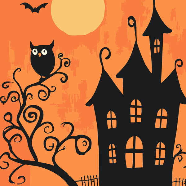 Halloween-themed haunted house with spooky owl, bat, and full moon