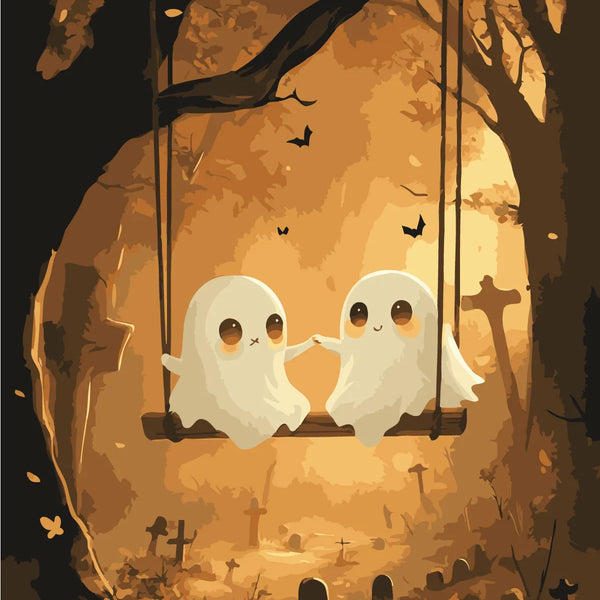 Cute ghost couple on a swing in a spooky graveyard