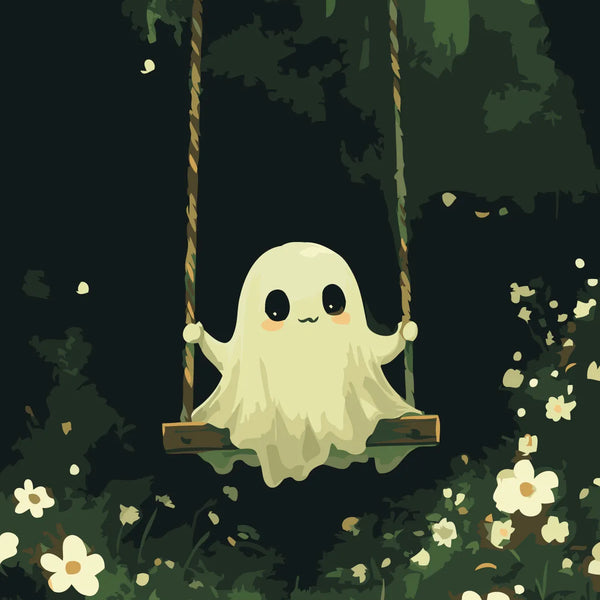 Adorable ghost on a swing surrounded by glowing flowers at night