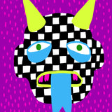 Checkered goblin face with neon horns, blue tongue, and wide green eyes on a magenta background – playful and surreal paint by numbers artwork.
