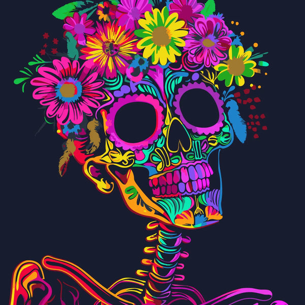 Colorful skull with intricate floral decorations