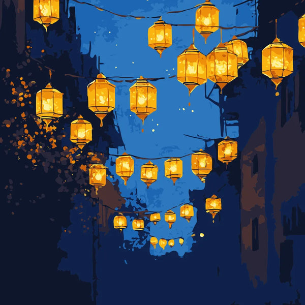 Golden Ramadan lanterns hanging above a twilight street, radiating warmth and spirituality in the Glow of Faith paint by numbers kit.
