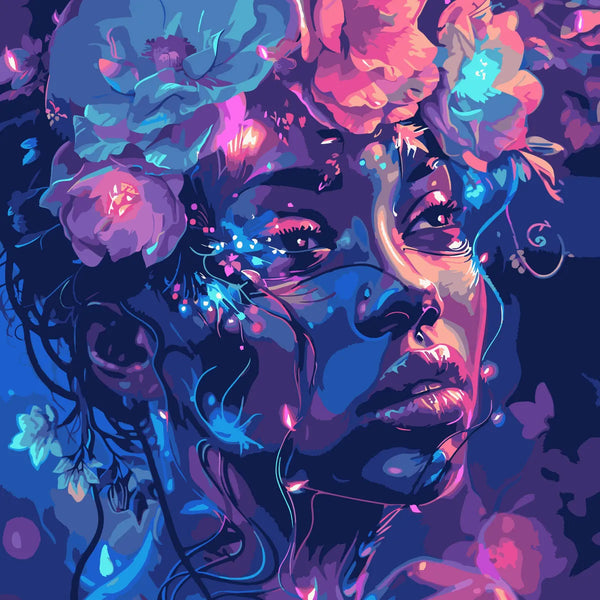 Vibrant portrait of a woman with glowing flowers and ethereal lighting