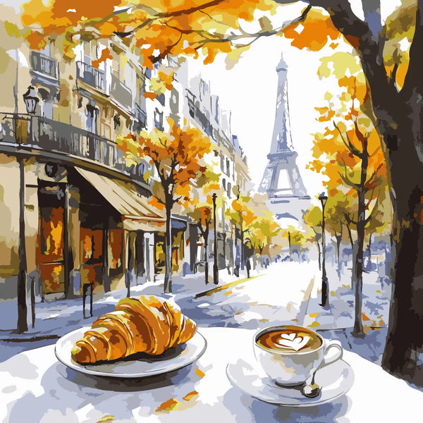 Paris street café with croissant, coffee, and Eiffel Tower in autumn