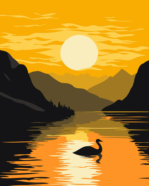 Serene sunset over a lake with mountains and a swan