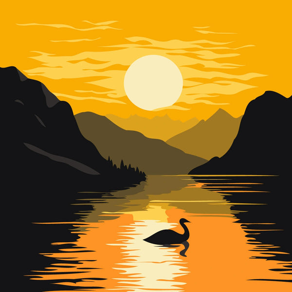 Serene sunset over a lake with mountains and a swan