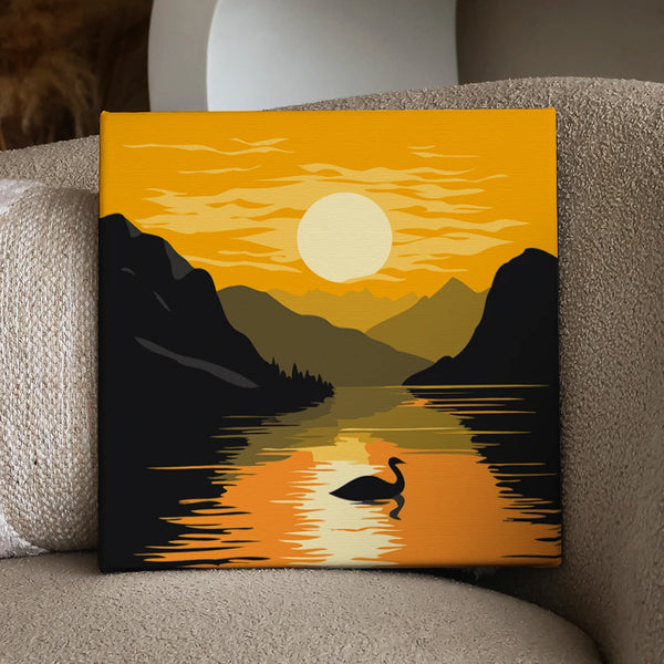 Serene sunset over a lake with mountains and a swan