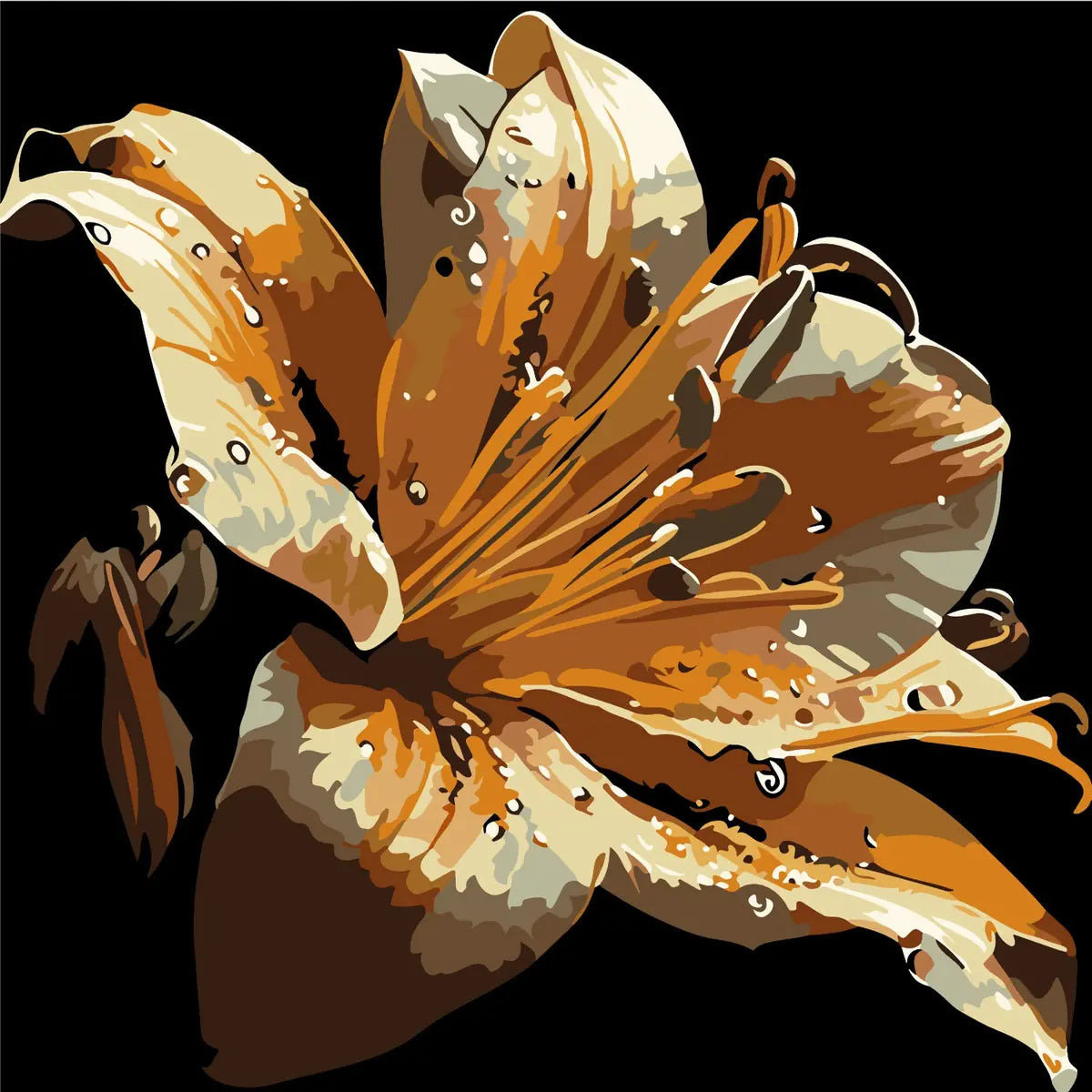 Close-up painting of a golden lily with water droplets