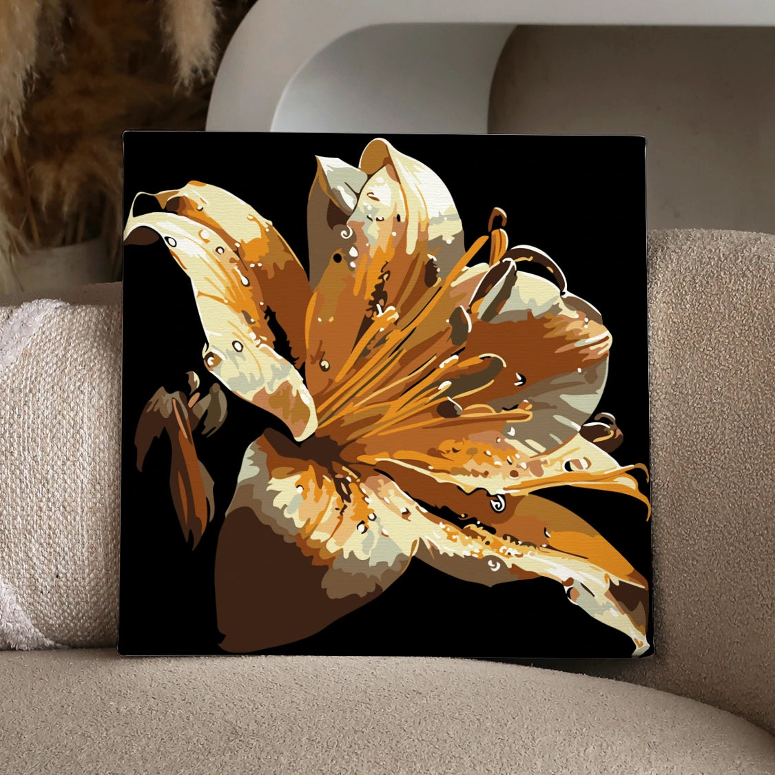 Close-up painting of a golden lily with water droplets