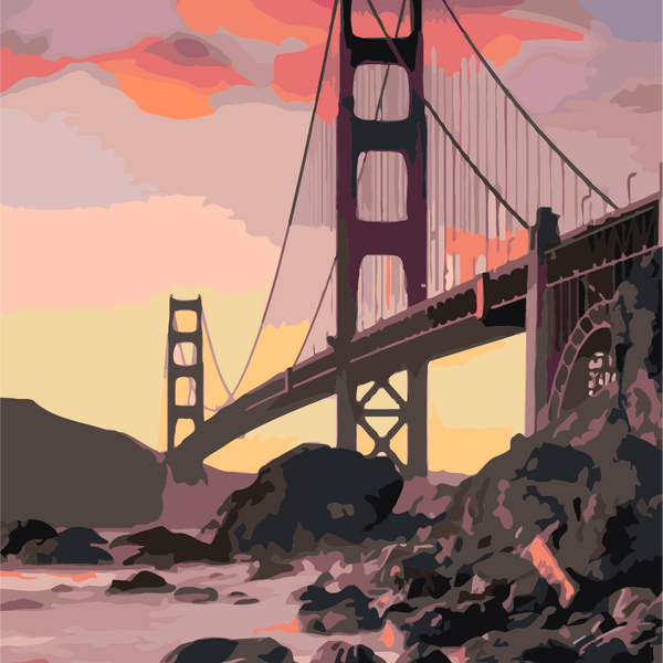Golden Gate Bridge painting with sunset sky and rocky shoreline