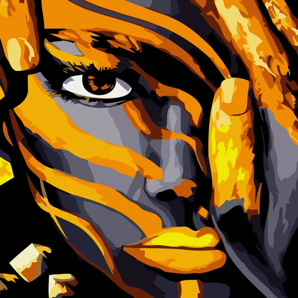 Abstract portrait of a woman with bold tiger-inspired face paint