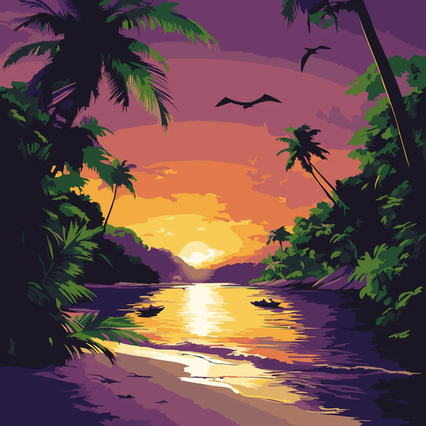 Tropical beach sunset with palm trees, calm water, and birds